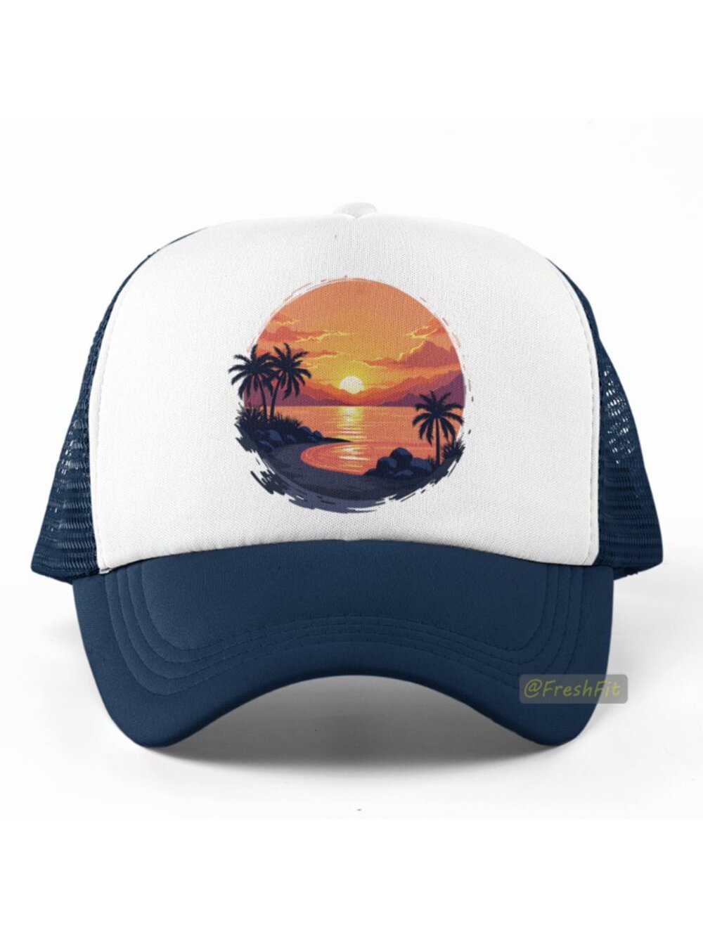 🆕Sunset Waters Foam Trucker Hat Mesh Snapback Cap Navy/White